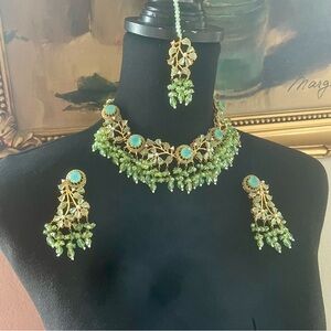 Gold Plated Necklace Earrings Bindi Set with Floral Design Ethnic Jewelry Green